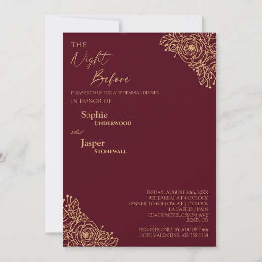 Burgund Gold Blumenabend vor dem Probe Einladung (Vorderseite)