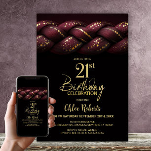 Burgund Gold Braid 21. Geburtstag Party Einladung