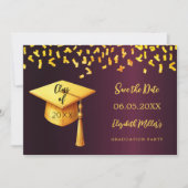 Burgund Gold Cap Konfetti Graduation Party Save The Date (Vorderseite)