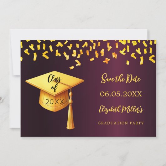 Burgund Gold Cap Konfetti Graduation Party Save The Date (Vorderseite)