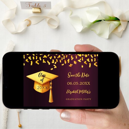 Burgund Gold Cap Konfetti Graduation Party Save The Date