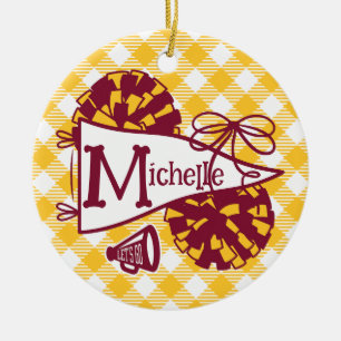 Burgund Gold Cheer Wimpel Gingham Personalisiert  Keramik Ornament