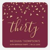 Burgund Gold Confetti 30. Geburtstag Quadratischer Aufkleber (Vorderseite)