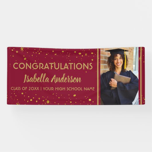 Burgund Gold Confetti Grad Foto Abschluss 2025 Banner (Horizontal)