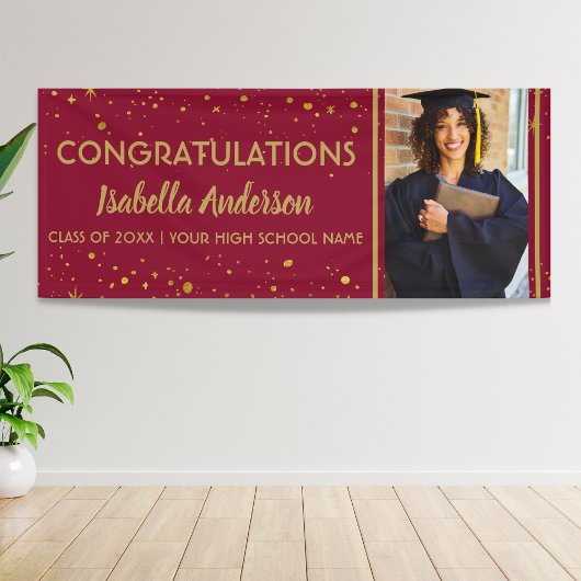 Burgund Gold Confetti Grad Foto Abschluss 2025 Banner