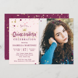 Burgund & Gold Confetti Quinceañera mit Bild Einladung