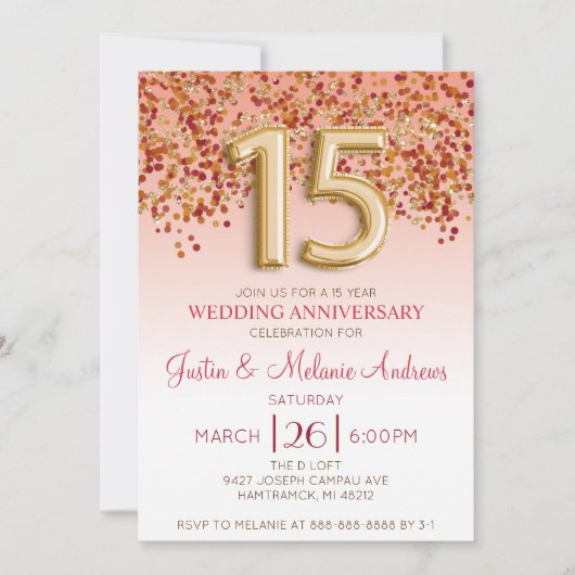 Burgund Gold Einladung zum 15. Hochzeitstag (Vorderseite)