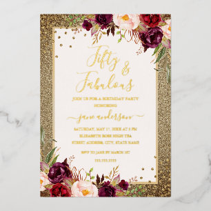 Burgund Gold Floral 50 & Fantastischer Geburtstag Folieneinladung