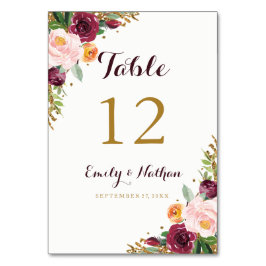 Burgund Gold Floral Glitzer Tischnummer Cards