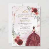 Burgund Gold Floral Prinzessin Quinceañera Einladung (Vorderseite)