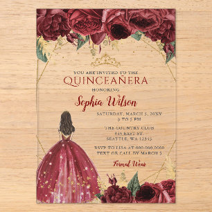 Burgund Gold Floral Prinzessin Quinceañera Quince Acryleinladungen