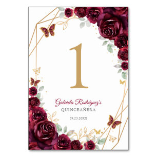 Burgund Gold Floral Quinceanera Tischnummer
