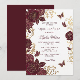 Burgund Gold Floral Schmetterling Quinceañera Einladung