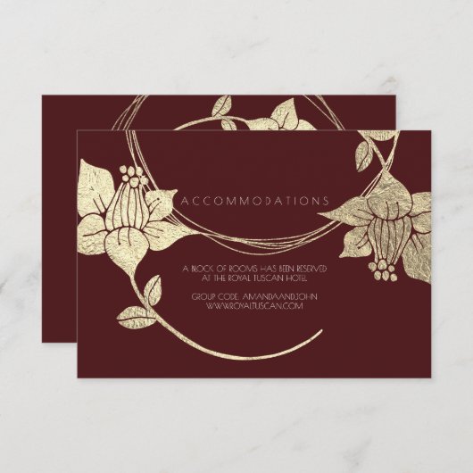 Burgund Gold Floral Wedding Hotel Unterkunft Begleitkarte (Vorne/Hinten)