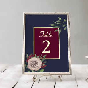 Burgund Gold Florale Herbsthochzeit Tischnummer