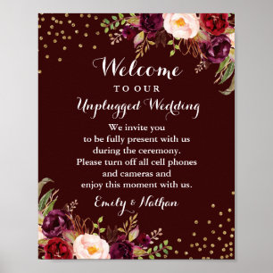 Burgund Gold Florale Unplugged Hochzeitsschild Poster