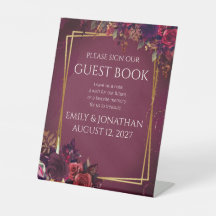 Burgund Gold Florales Schild Für Unser Gästebuch