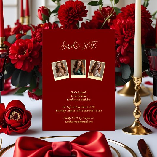 Burgund & Gold Foil Foto 30. Geburtstag Folieneinladung