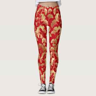 Burgund Gold Ginkgo mit japanischer Eleganz Leggings