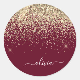 Burgund Gold Glitter Girly Monogram Glam Runder Aufkleber