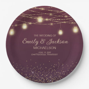 Burgund Gold Glitter Lichterkette Hochzeit  Pappteller