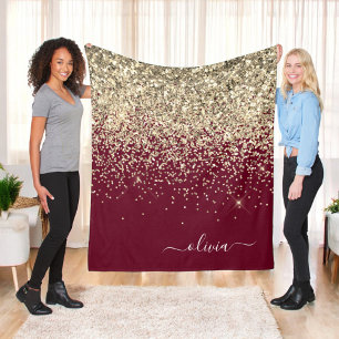 Burgund Gold Glitter Mädchen Monogramm Glam Fleecedecke