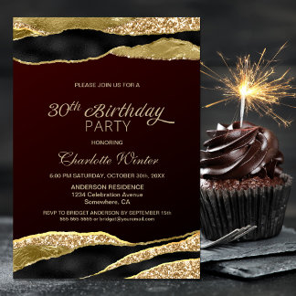 Burgund Gold Glitzer 30. Geburtstag Party Einladung
