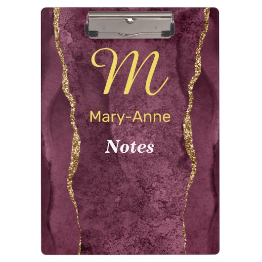 Burgund & Gold Glitzer Agate Klemmbrett (Vorderseite)