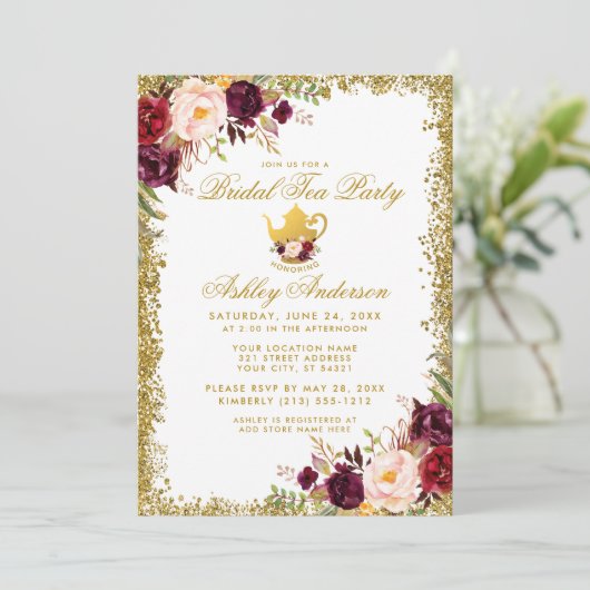 Burgund Gold Glitzer Bridal Teezeremonie Party Ein Einladung (Stehend Vorderseite)