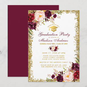 Burgund Gold Glitzer Graduation Party Einladung B