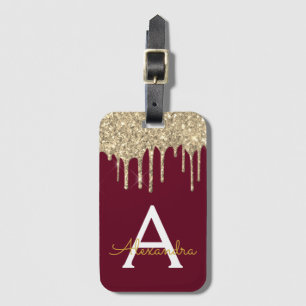 Burgund Gold Glitzer Sparkasse Monogramm Gepäckanhänger