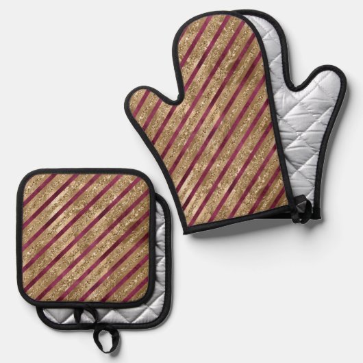 Burgund Gold Glitzer Streifen Ofenhandschuh & Topflappen-Set (Vorderseite/Rückseite)