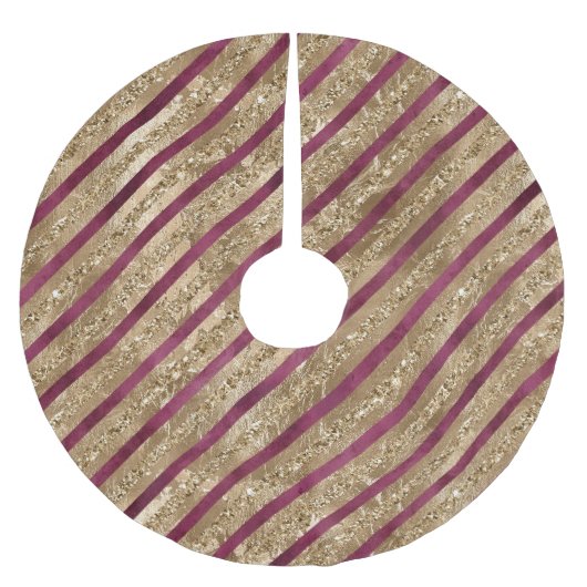 Burgund Gold Glitzer Streifen Polyester Weihnachtsbaumdecke (Vorderseite)