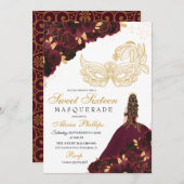 Burgund Gold Glitzer Sweet 16 Masquerade Einladung (Vorne/Hinten)