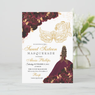 Burgund Gold Glitzer Sweet 16 Masquerade Einladung