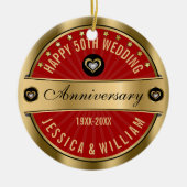 Burgund & Gold Hearts 50. Hochzeitstag Keramikornament (Vorne)