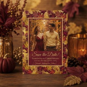 Burgund & Gold Herbstlaub & Foto Hochzeit Save The Date