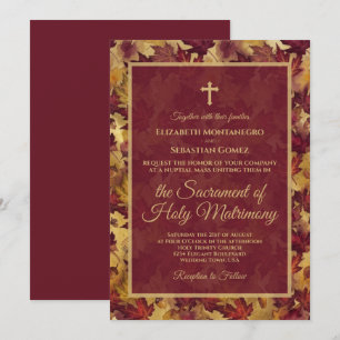 Burgund & Gold Herbstlaub Katholische Hochzeit Einladung