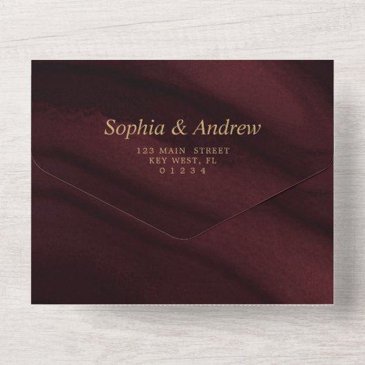 Burgund & Gold Hochzeit in einer Einladung (Rückseite)