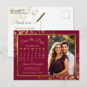 Burgund & Gold Hochzeit Termin-Kalender Foto Ankündigungspostkarte