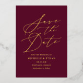 Burgund-Gold-Kalligrafie-Foto Save the Date Folieneinladung (Vorderseite)