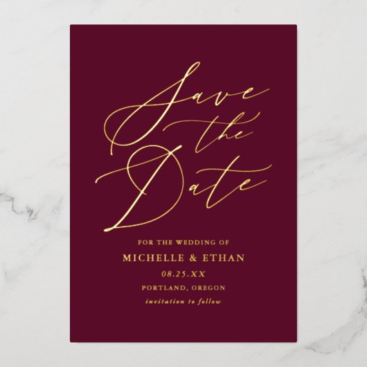 Burgund-Gold-Kalligrafie-Foto Save the Date Folieneinladung (Vorderseite)