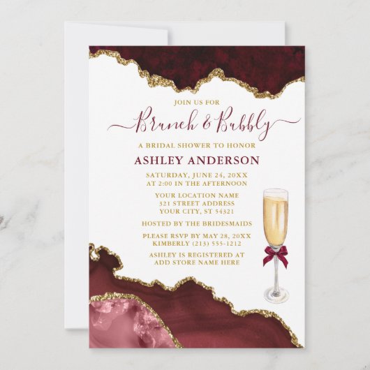 Burgund Gold Marble Bridal Brunch Einladung (Vorderseite)
