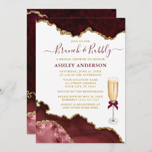 Burgund Gold Marble Bridal Brunch Einladung (Vorne/Hinten)