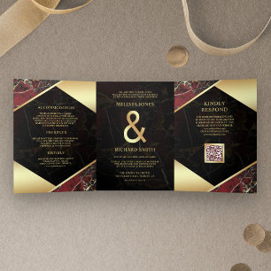 Burgund Gold Marmor Et-Zeichen QR-Code Hochzeit Dreifach Gefaltete Einladung