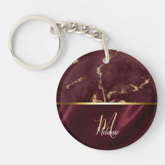 Burgund Gold Marmor & Satin Monogramm Schlüsselanhänger