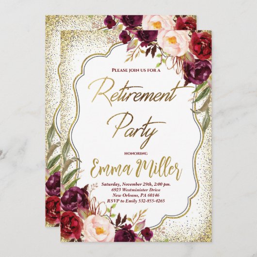 Burgund & Gold Rentirement Celebration Einladung (Vorne/Hinten)