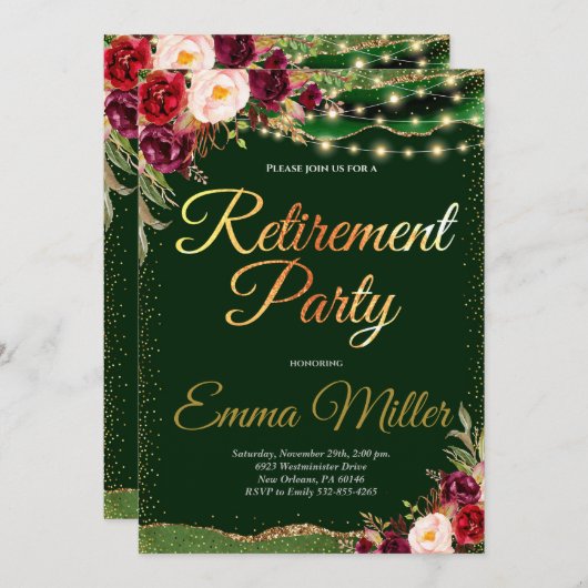 Burgund & Gold Rentirement Celebration Einladung (Vorne/Hinten)