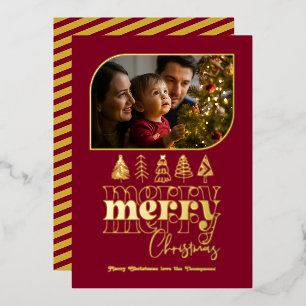 Burgund & Gold Retro-Doodle-Weihnachtsfoto Folien Feiertagskarte