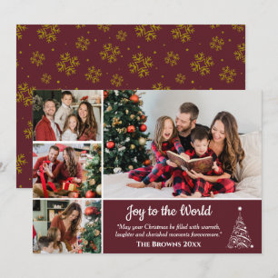 Burgund Gold Schnee 4 Foto Collage Weihnachtskarte Feiertagskarte